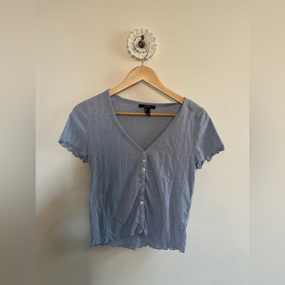 Forever 21 Light Blue Ribbed Pointelle KnitButton-Down Shirt